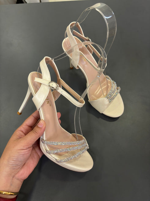 Women Ankle Strap Rhinestone Decor Open Toe Stilettos